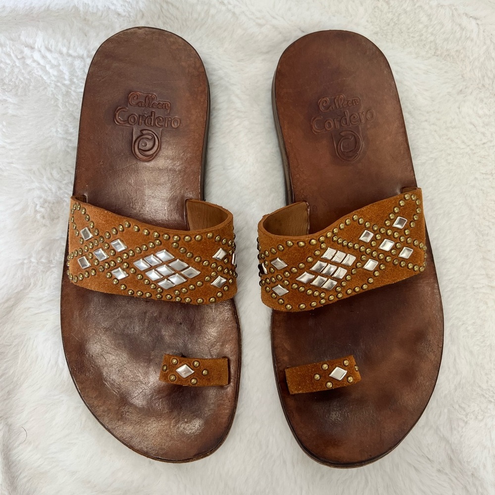 Embellished Tan Leather Sandals - Picture 2 of 10